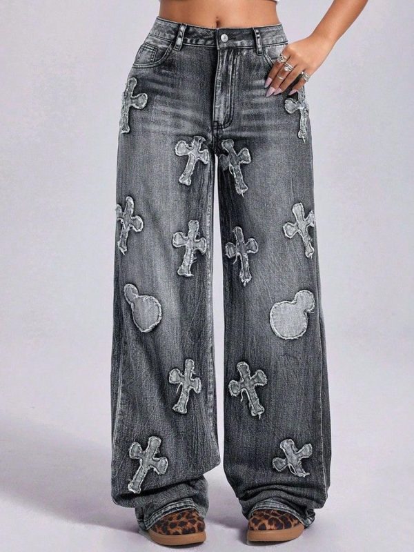 Cross Embroidered Wide Leg Jeans with Pockets/Women's Wide Leg Jeans w/ Cross Patches
