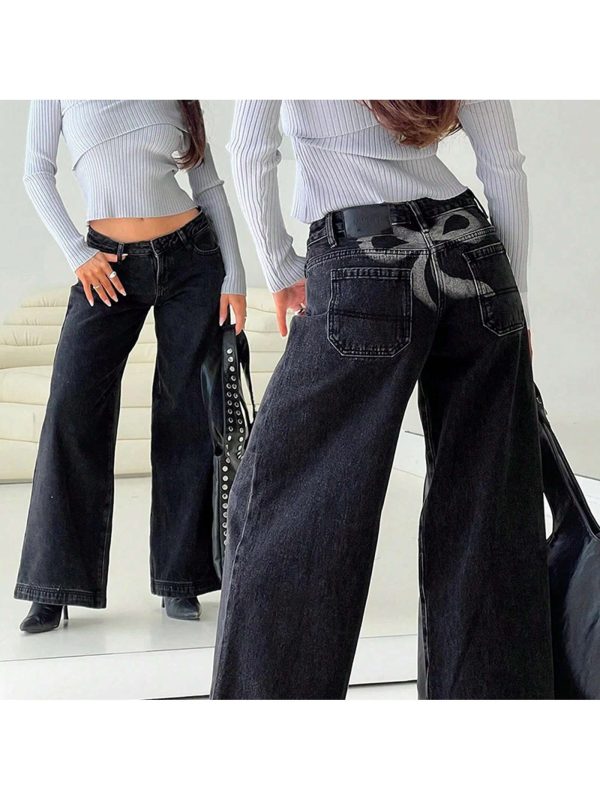 Womens Wide Leg Jeans Back Bow Print Low Rise Washed Denim Pants Casual Long Trousers