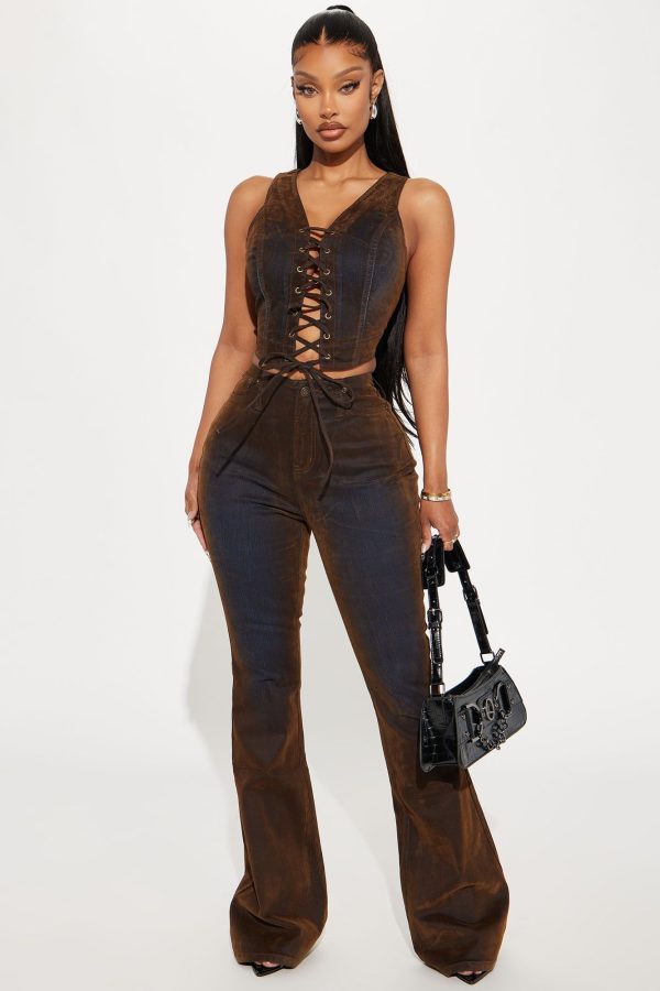 Women's They're Not Like Us Stretch Velvet Denim Vest in Brown Size Small