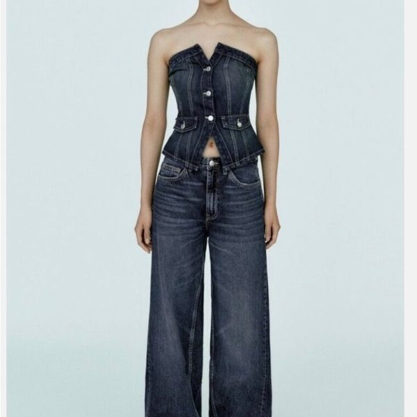 Zara Tops | Zara New Woman Strapless Trf Denim Top Navy Blue Xl | Color: Blue | Size: Xl