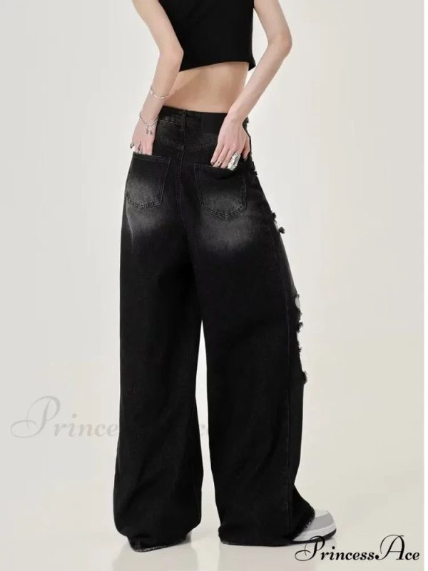 Perforated Women's Summer New INS Fashion Brand Straight Tube Loose Sweeping High Street Jean - Black / M