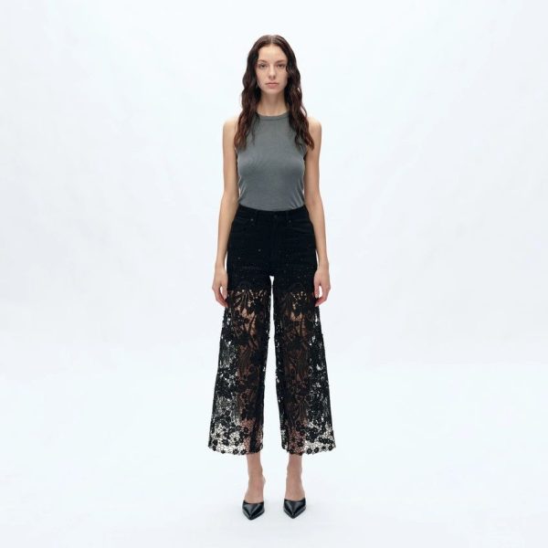 High Rise Wide Leg Jeans with Lace Spliced - 25