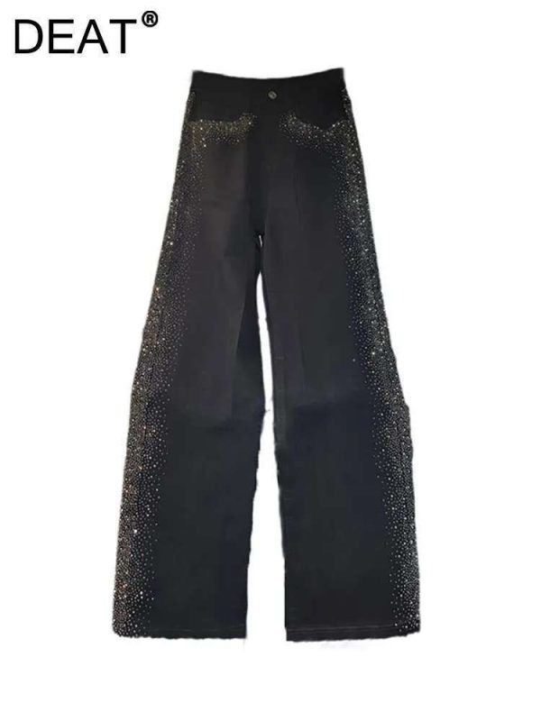 DEAT Women's Jeans High Waist Black Side Hot Stamping Rhinestone Loose Straight Wide Leg Denim Pants