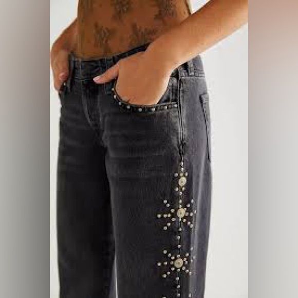 Free People Jeans | Free People Cooper Studded Mid Rise Boyfriend Jeans, Size 29 | Color: Black | Size: 29