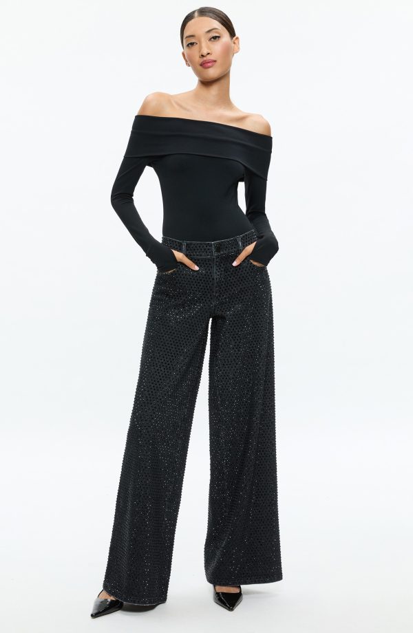 Alice + Olivia Trish Embellished Baggy Jeans in Maya Charcoal Black/Black at Nordstrom, Size 30