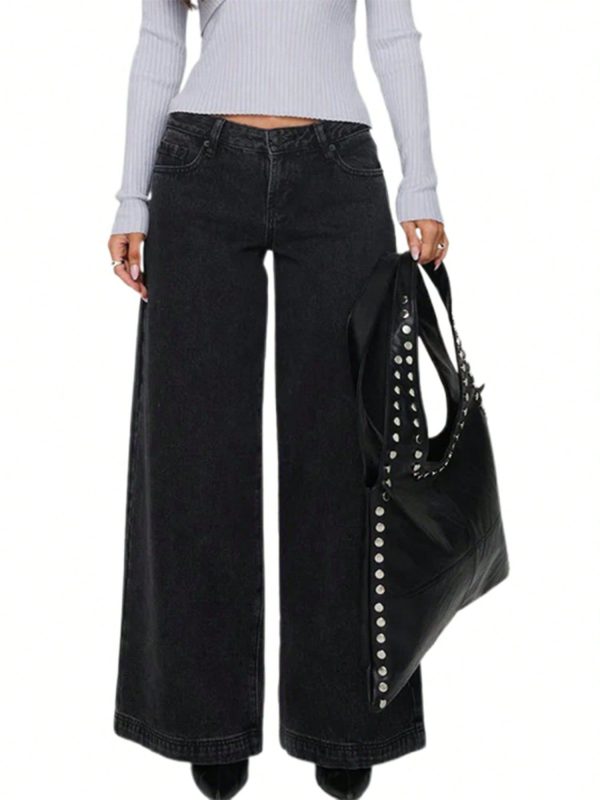 Womens Wide Leg Jeans Back Bow Print Low Rise Washed Denim Pants Casual Long Trousers S/M/L