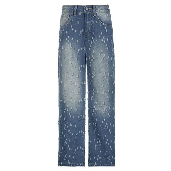 Zingj Zingj Style Cool Sister Personality Broken Hole Do Old Jeans Low Waist Wash Water Bump Color Casual Pants Blue-L