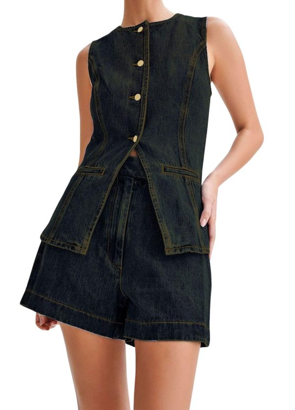 loveimgs Women Summer 2 Piece Denim Vest Set Sleeveless Blazer Tunic Suit Vest Top Y2k Jean Shorts Denim Outfit Tracksuit