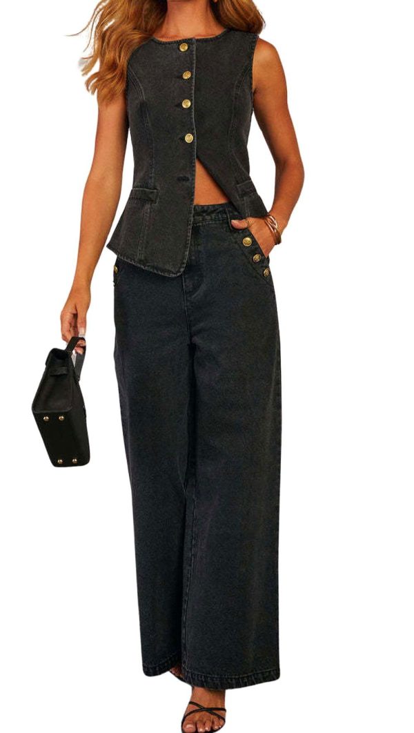 loveimgs Women 2 Piece Denim Set Button Sleeveless Jean Vest Denim Top Y2k Shirt Wide Leg Jeans Palazzo Pants Outfits