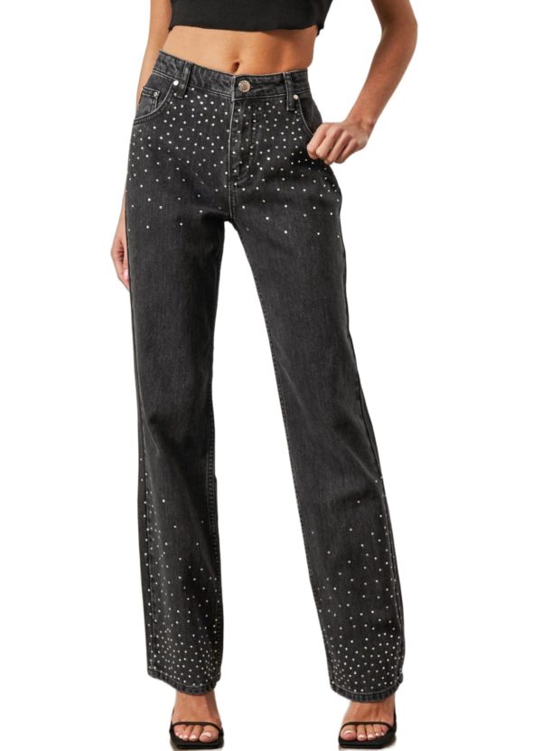 Kedera Womens High Waisted Rhinestone Jeans Straight Wide Leg Bling Denim Pants