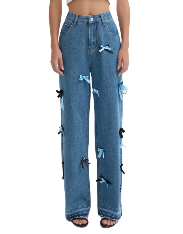 YEXPINE Women's Wide Leg Baggy Jeans with Bow Tie Decoration High Waisted Frayed Raw Hem Jean Trousers