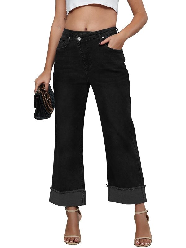 Genleck Wide Leg Cropped Jeans for Women Trendy High Waisted Crossover Boyfriend Jeans Mom Baggy Stretchy Denim