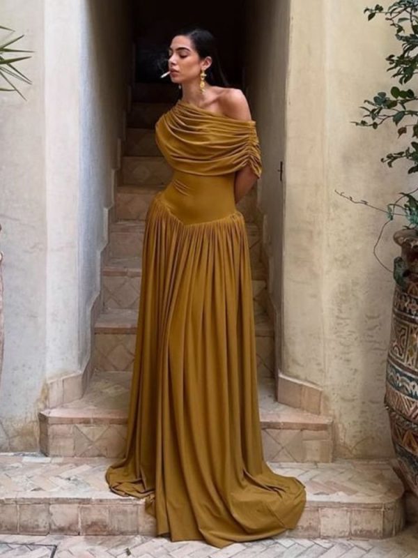 Retro One Shoulder Ruched Elegant Maxi Dress Women Sexy Half Sleeve Draped Party Dresses Lady Chic