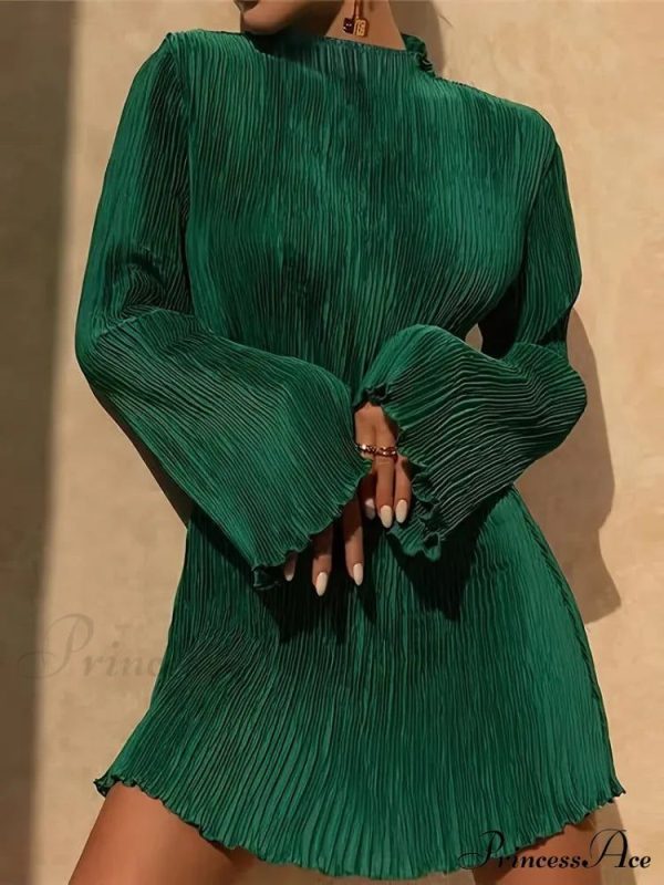 Pink Lettuce Trim Textured Dress with Long Sleeves - L / Green