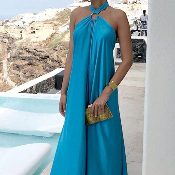 Blue Casual Women's Criss Cross Sleeveless Self-Tie Halter Backless Maxi Dress | Color: Blue | Size: Various