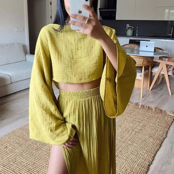 Linen Flare Sleeve Top & Slit Skirt Set - Yellow / S
