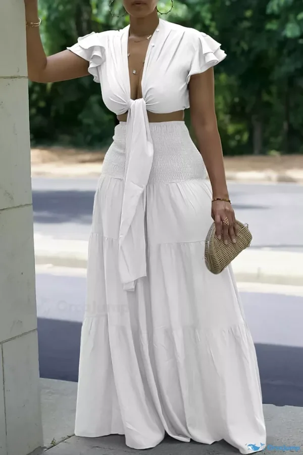 OrcaJump - Women's Vacation Wear Deep V Neck Crop Tops and Wide Leg Pants - White, 3XL