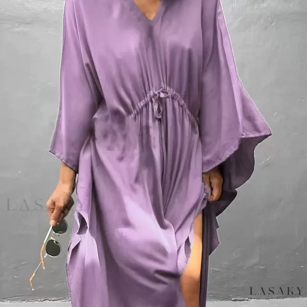 Lasaky - Womens Boho Style V Neck Cover Up Shirt with Drawstring, Loose Fit Non-Stretch Long Sleeves Rash Guard - Ideal for Swimwear & Resortwear - Light Purple, One-size
