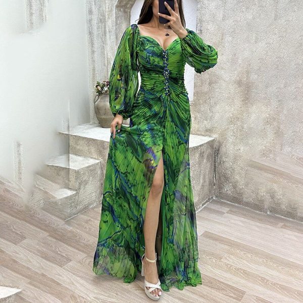 Women's Long Dress Maxi Dress Party Dress Ruched Dress Fashion Party Evening Party Regular Fit Flower Long Sleeve V Neck Yellow Wine Blue Green Summer