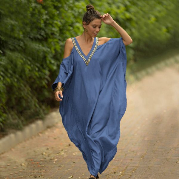 Zingj Sexy Cold Shoulder V Neck Bats Sleeve Loose Summer Beach Dress Plus Size Women Beachwear Kaftan Black Dress Q943 Q943-sky blue-One Size