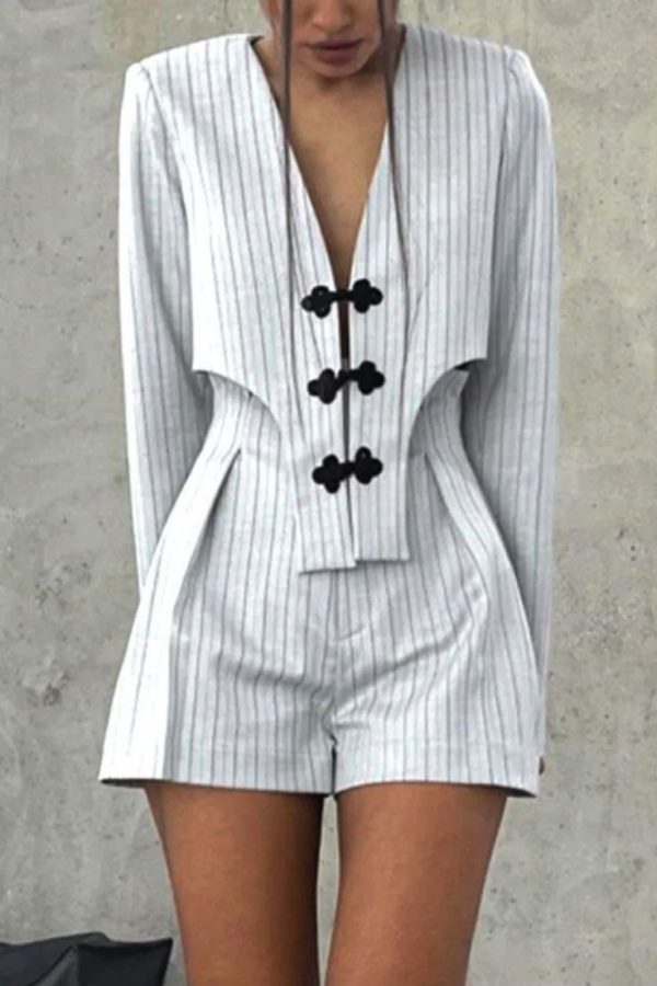 Casual British Style Striped Buttons Asymmetrical V Neck Long Sleeve Two Pieces