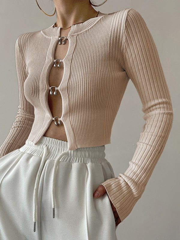 Cutout Split Beads Detail Ribbed Knit Top - White / XL