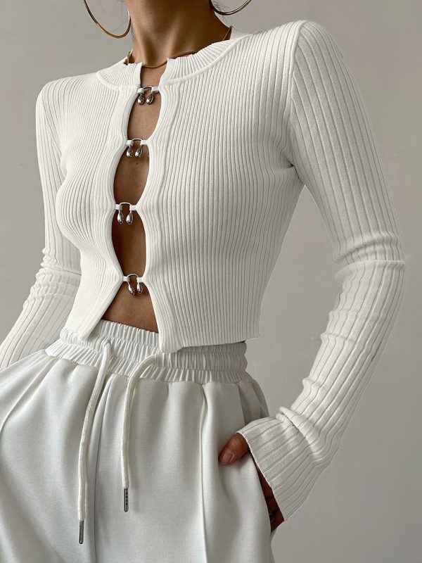 Cutout Split Beads Detail Ribbed Knit Top - White / S