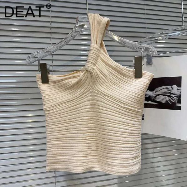 DEAT Spring New Arrival Fashion Solid Color Kink Halter Camisole For Women Knitted Pleated Design