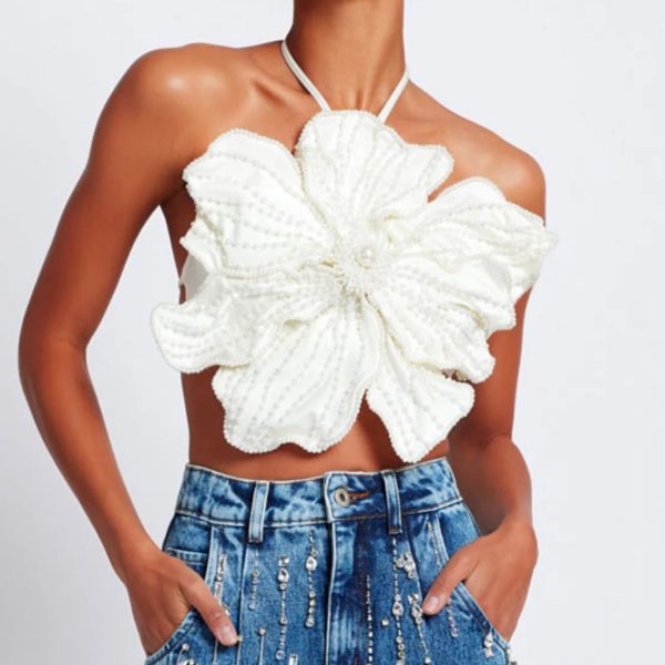 Patbo Tops | Patbo Hand Beaded Flower Halter Top | Color: White | Size: S