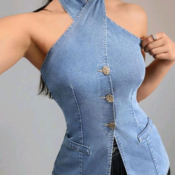 Women Sexy Bodycon Halter Denim Top, Blue | Color: Blue | Size: Various