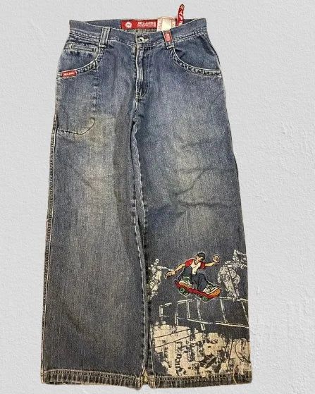 Aonga New Pants Mens Womens Harajuku Hip Hop Gothic Skateboard Boy Graphic Embroidered Jeans Vintage Blue Baggy Ripped Trousers 1-XL