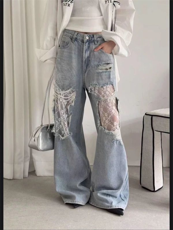 Cyflymder  Summer Women's Large Hole Patchwork Lace Jeans High Waist Wide Legs Trousers Cool Girl Casual Bottoms Female Denim Pants - Blue / L