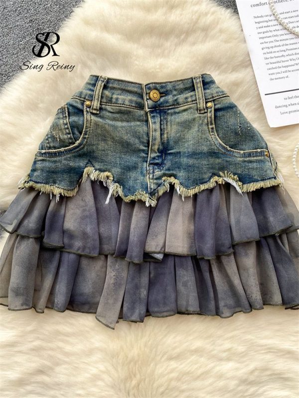 Zingj Fashion Sexy Mini Skirt Women Chiffon Ruffled Edge Patchwork Denim Skirts American Vintage A Line Hotsweet Skirt deep blue-L