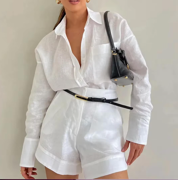CADIE Long Sleeve Linen Bodycon Set - S / WHITE