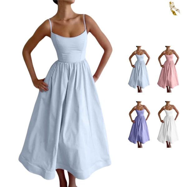 MLHHSM Sexy U Neck Backless Tunic Swing Sundress,Women's Sleeveless Sling Long Dresses,Low Cut Solid Casual Pleated Dress