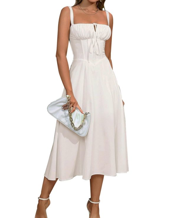 Floral Midi Corset Dress Boho Flowy Slit Lace Up Dresses for Women Going Out A Line Casual Sundress