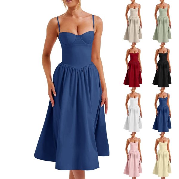 midelxp Corset Dress for Women Formal Spaghetti Strap Bustier Midi Dresses Flowy Pleated Hem Corset Sundress with Pockets