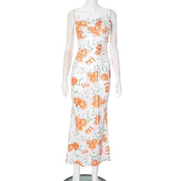Waist Controlled Long Spaghetti Strap Floral Print Slim Fit Lace Up Dress | Uniqistic.com