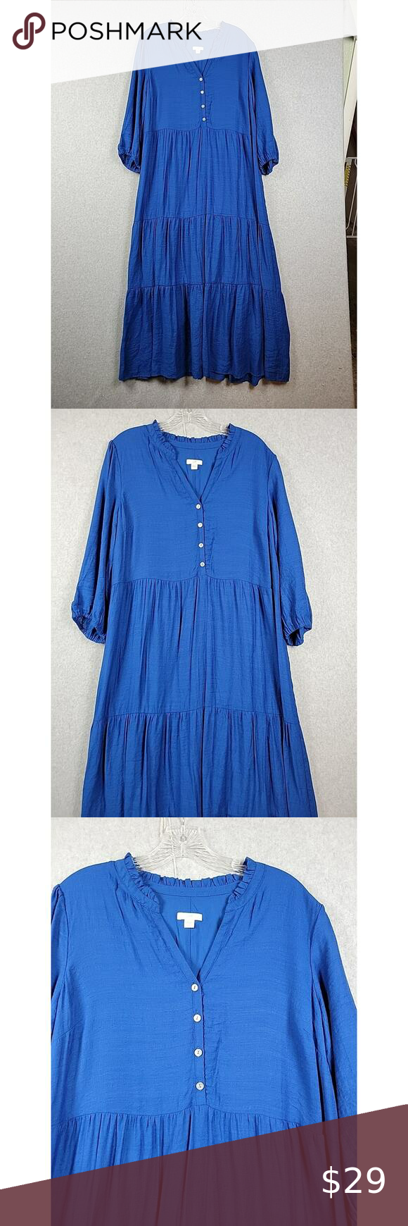 J. Jill Blue LS Tiered V Neck Lined Maxi Boho Peasant Rayon Dress Women's Large