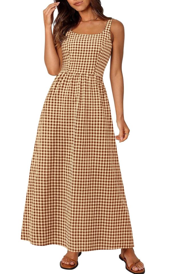 PRETTYGARDEN Women's 2025 Summer Spaghetti Strap Maxi Dresses Plaid Square Neck A Line Casual Beach Vacation Long Sundress