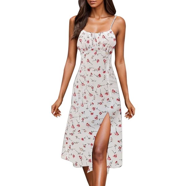 Spaghetti Strap Dresses for Women 2025 Polka Dot Midi Dress Sexy Sundresses for Beach Vacation with Slit Floral