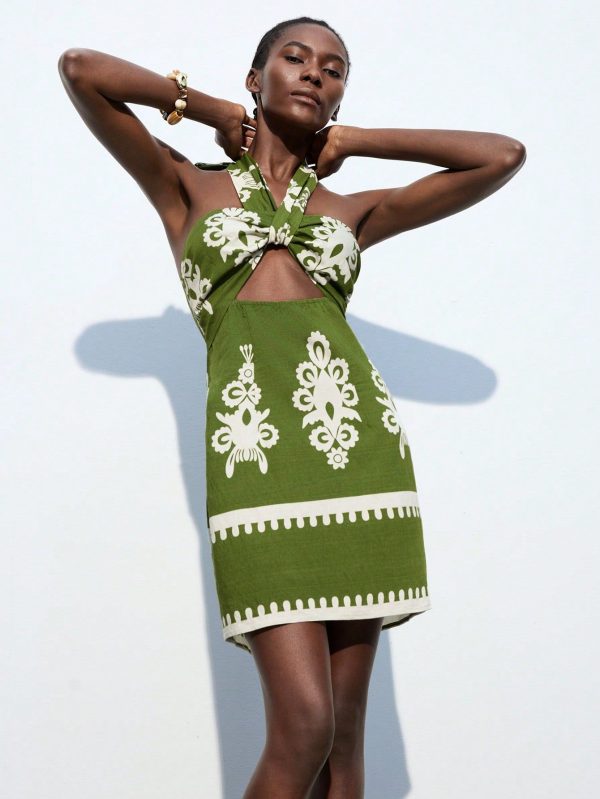 Women's Green Floral Print Twist-Knot Halter Tight Waist Vacation Dress, Hollow Waist With Elastic Banded Side Zipper, Elegant Boho Beach Holiday Mini Dress