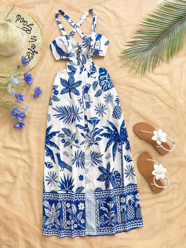 Women's Strap Vacation Camisole With Liner Shorts, Tie Bow, Blue & White Floral Print, Waist Cutout