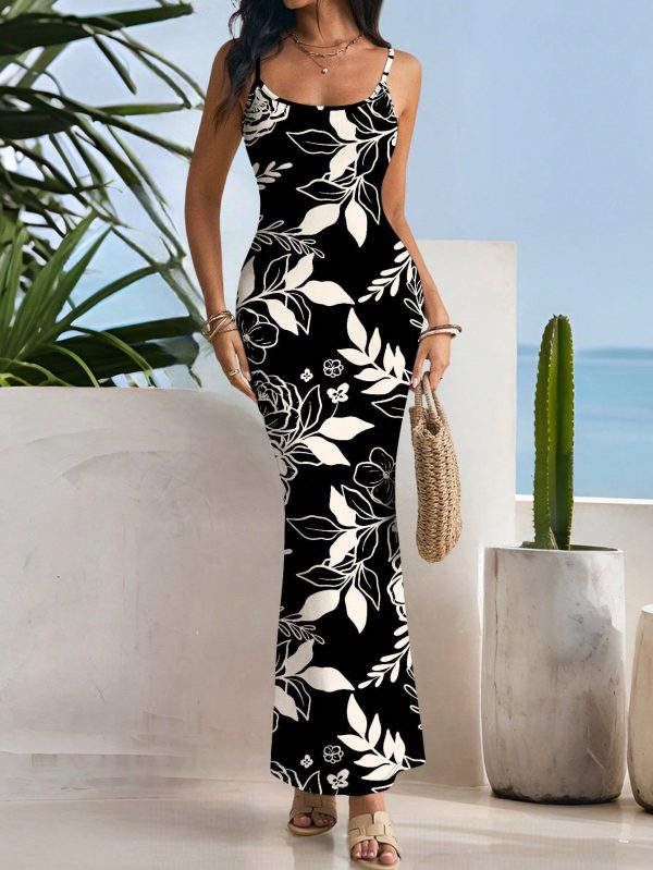 Women 1 Pc Multicolor Spaghetti Strap Sleeveless Elegant Floral Plain All Over Print Plants Graphic Summer Backless Women Maxi Dresses ,Suitable For Going Out, Vacation, Work, Business Casual Spring Summer Outfits For Women, Sundress For Women