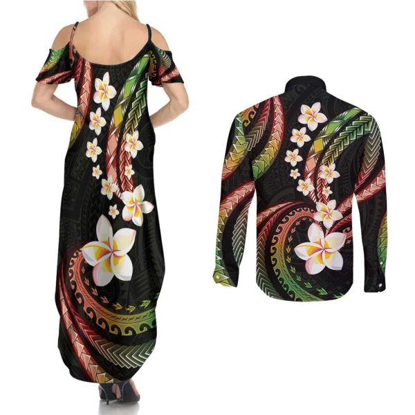 Hawaii Plumeria Reggae Couples Matching Summer Maxi Dress and Long Sleeve Button Shirt Polynesian Pattern LT01 - XL / 4XL / Reggae
