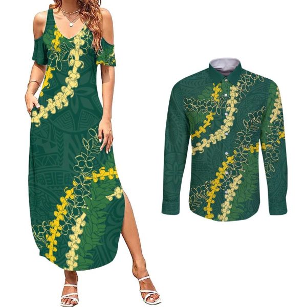 Hawaii Puakenikeni - Maile Lei Couples Matching Summer Maxi Dress and Long Sleeve Button Shirt Sage Green LT7 - 3XL / No Shirt / Sage Green