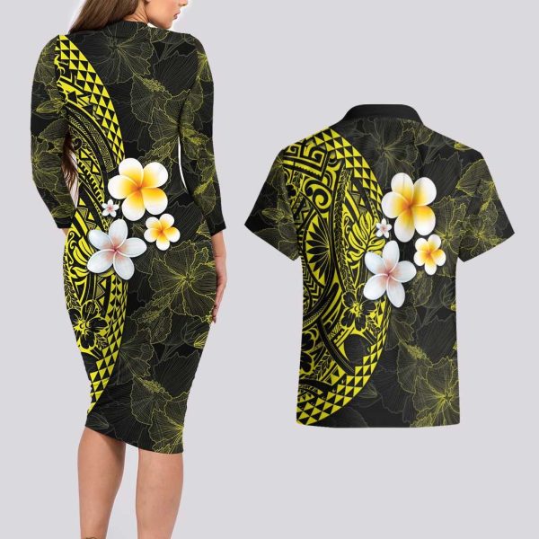 Hawaiian Hibiscus and Plumeria Polynesian Tribal Tattoo Couples Matching Long Sleeve Bodycon Dress and Hawaiian Shirt Yellow Color LT03 - 5XL / L / Yellow
