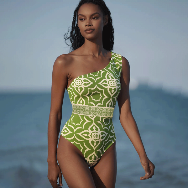 One Shoulder Retro Print One Piece Swimsuit and Skirt Only swimsuit-L