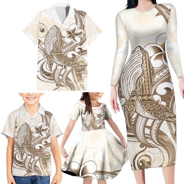 Brown Hawaii Humpback Whale Family Matching Long Sleeve Bodycon Dress and Hawaiian Shirt Polynesian Tribal Ocean Vibes LT14 - Mom's Dress / 5XL / Brown