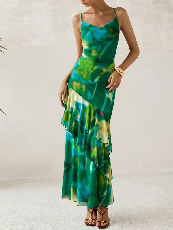 Women's Long Dress Summer Ruffled Layered Floral Beach Sundress With Thin Straps Wedding Guest Dress